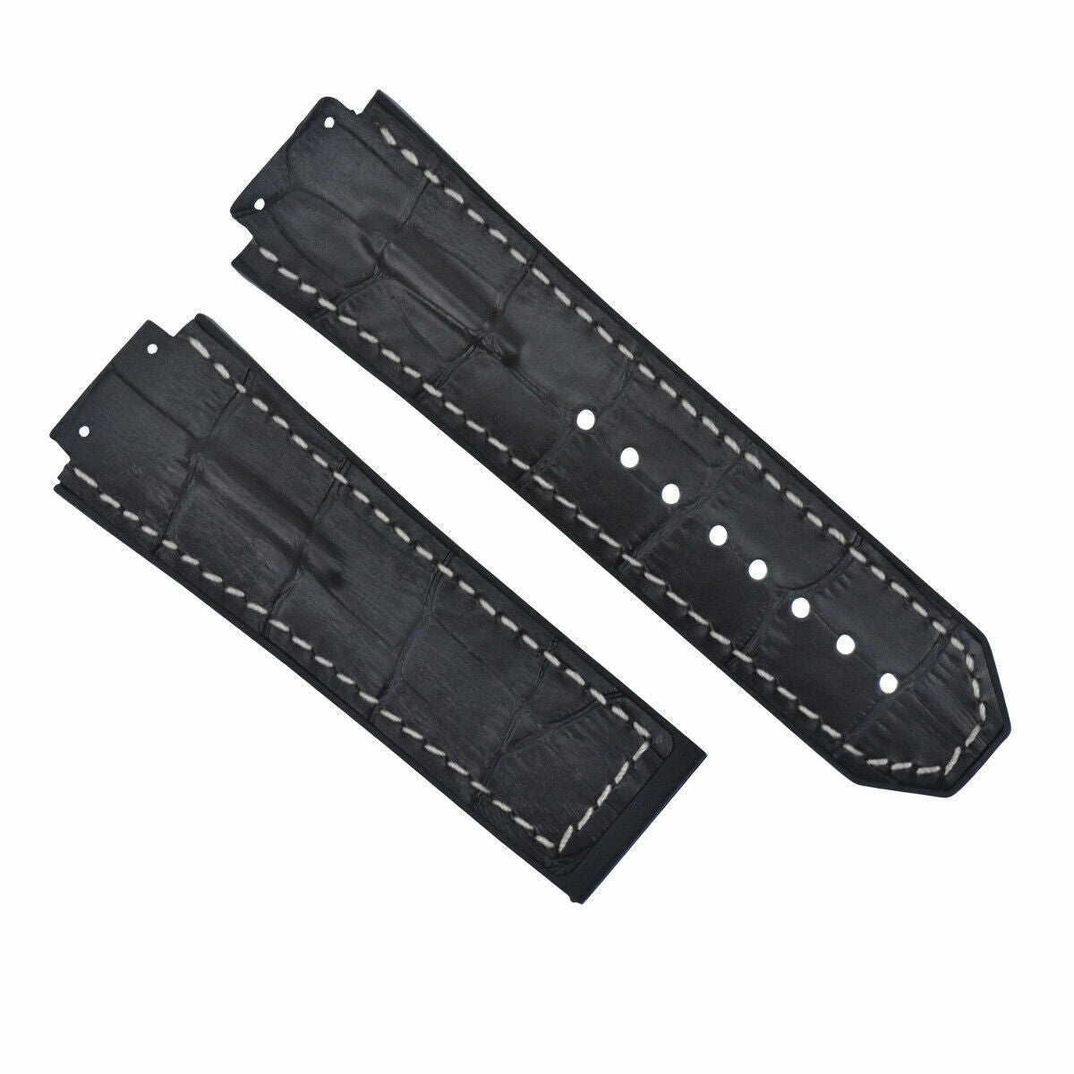 25-28MM LEATHER RUBBER WATCH STRAP, 4 BLACK SCREWS AND SCREWDRIVER FOR HUBLOT, Black with White Stitching