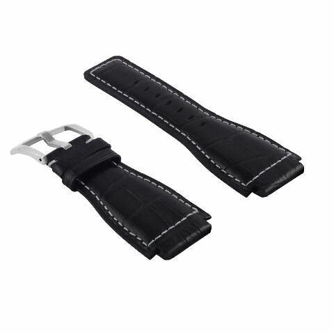 24MM LEATHER WATCH BAND STRAP WITH SILVER BUCKLE FOR BELL & ROSS BR-01 BR-03