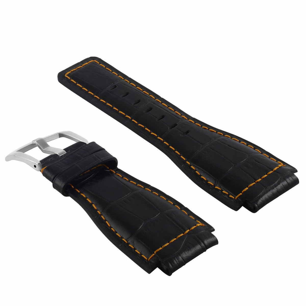 24MM LEATHER WATCH BAND STRAP WITH SILVER BUCKLE FOR BELL & ROSS BR-01 BR-03, Black with Orange Stitching, view 2