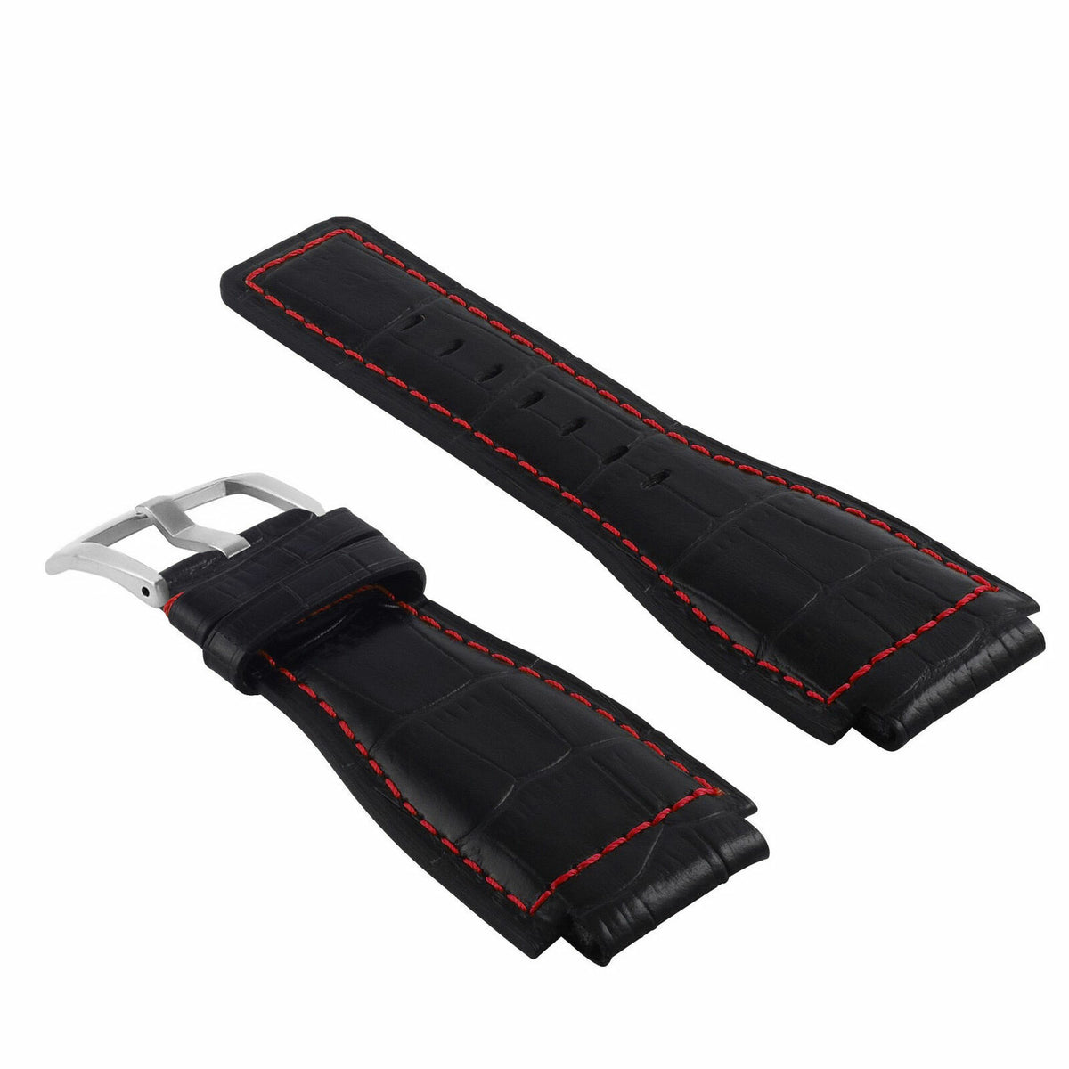 24MM LEATHER WATCH BAND STRAP WITH SILVER BUCKLE FOR BELL & ROSS BR-01 BR-03, Black with Red Stitching, view 2