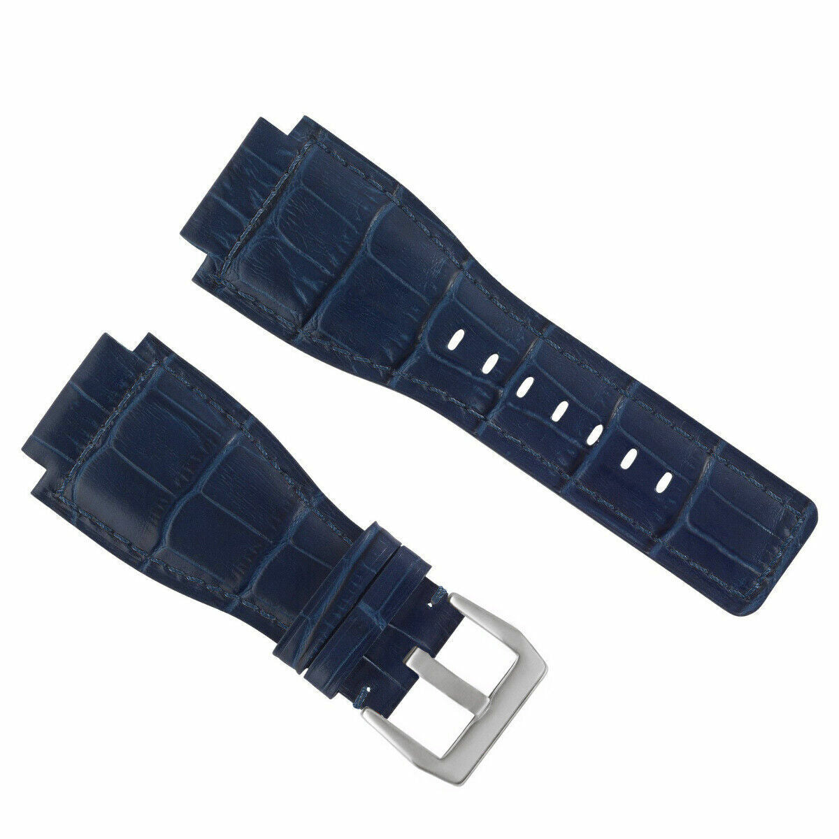 24MM LEATHER WATCH BAND STRAP WITH SILVER BUCKLE FOR BELL & ROSS BR-01 BR-03, Blue
