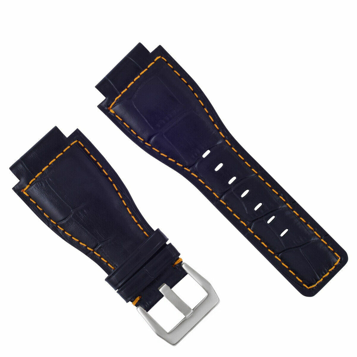 24MM LEATHER WATCH BAND STRAP WITH SILVER BUCKLE FOR BELL & ROSS BR-01 BR-03, Blue with Orange Stitching