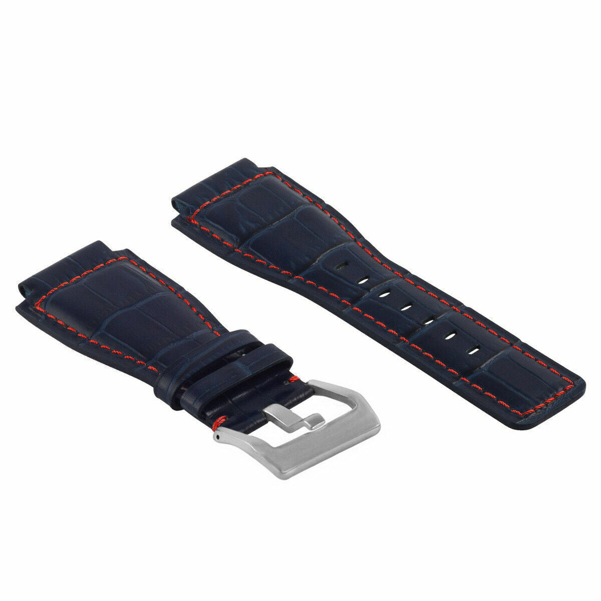 24MM LEATHER WATCH BAND STRAP WITH SILVER BUCKLE FOR BELL & ROSS BR-01 BR-03, Blue with Red Stitching, view 3