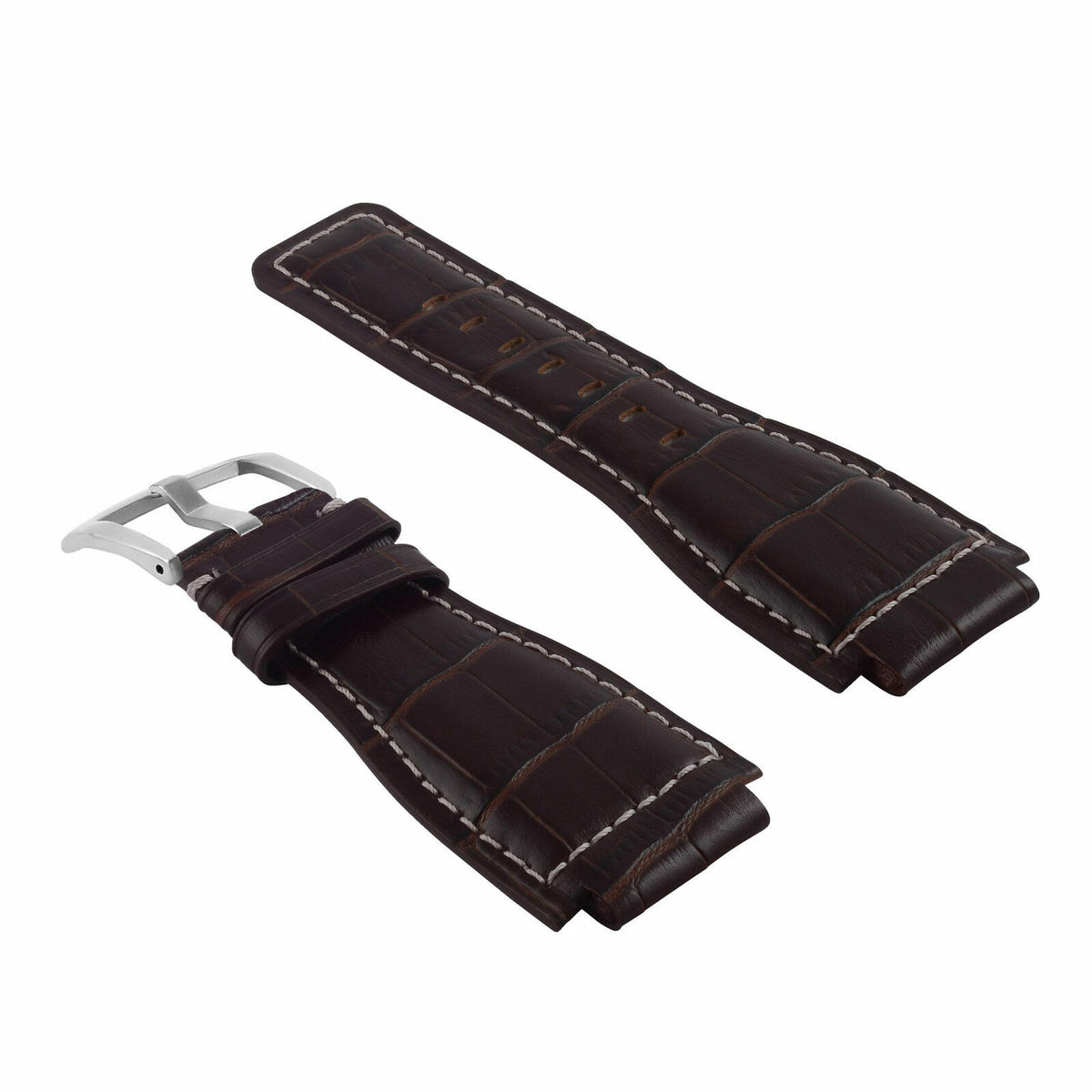 24MM LEATHER WATCH BAND STRAP WITH SILVER BUCKLE FOR BELL & ROSS BR-01 BR-03, Brown with White Stitching, view 2