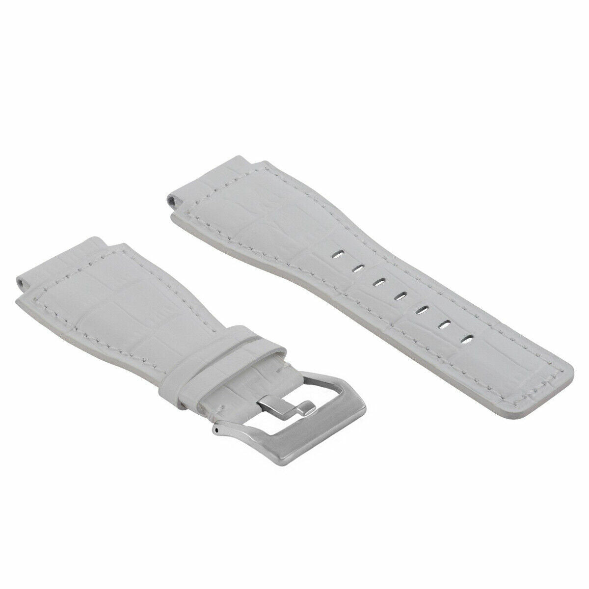 24MM LEATHER WATCH BAND STRAP WITH SILVER BUCKLE FOR BELL & ROSS BR-01 BR-03, White