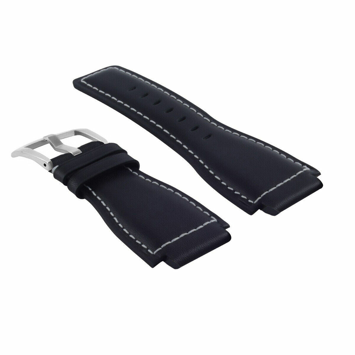 24MM SMOOTH LEATHER WATCH BAND STRAP FOR BELL ROSS BR-01-BR-03 SILVER BUCKLE, Black with White Stitching, view 2