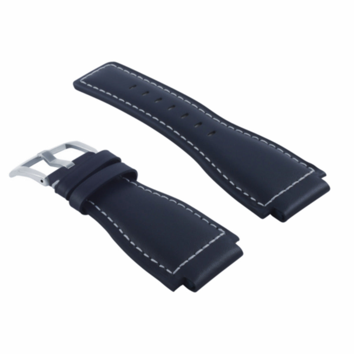 24MM SMOOTH LEATHER WATCH BAND STRAP FOR BELL ROSS BR-01-BR-03 SILVER BUCKLE, Blue with White Stitching, view 2