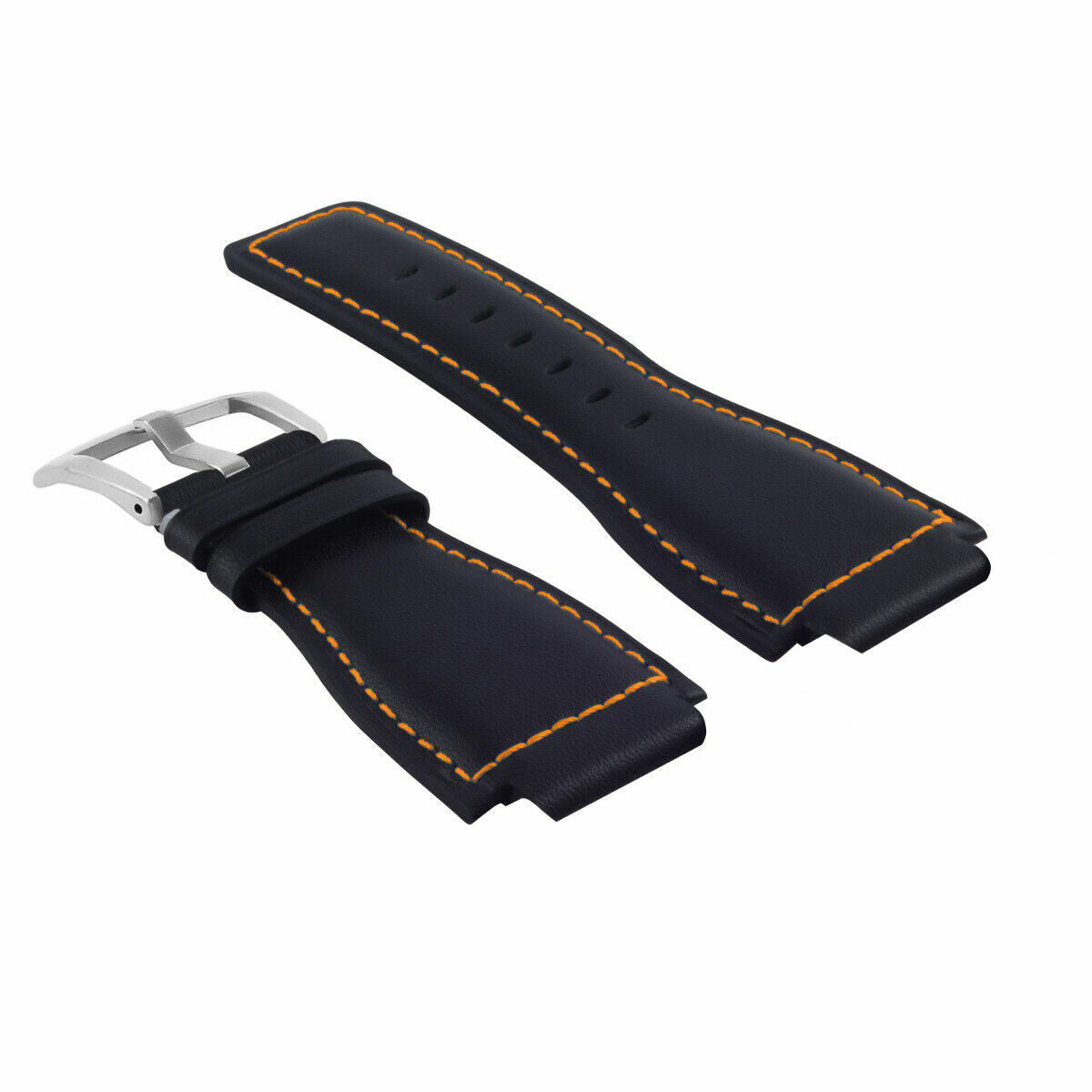 24MM SMOOTH LEATHER WATCH BAND STRAP FOR BELL ROSS BR-01-BR-03 SILVER BUCKLE, Black with Orange Stitching, view 2