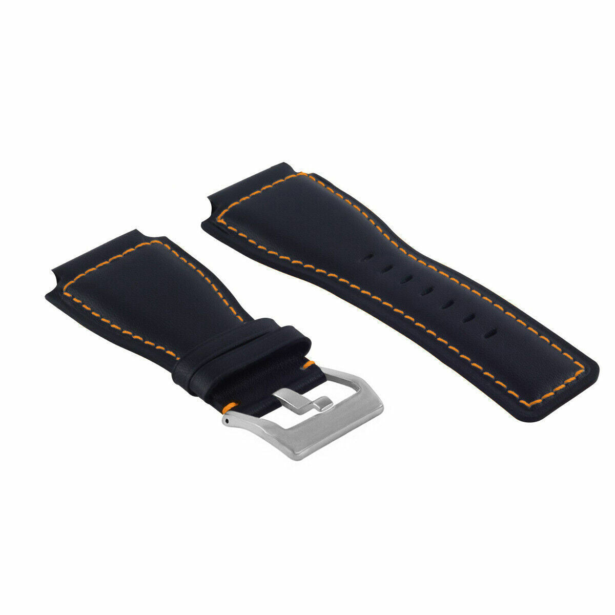 24MM SMOOTH LEATHER WATCH BAND STRAP FOR BELL ROSS BR-01-BR-03 SILVER BUCKLE, Black with Orange Stitching, view 3
