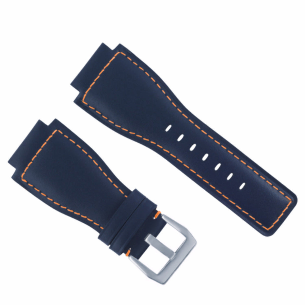 24MM SMOOTH LEATHER WATCH BAND STRAP FOR BELL ROSS BR-01-BR-03 SILVER BUCKLE, Blue with Orange Stitching
