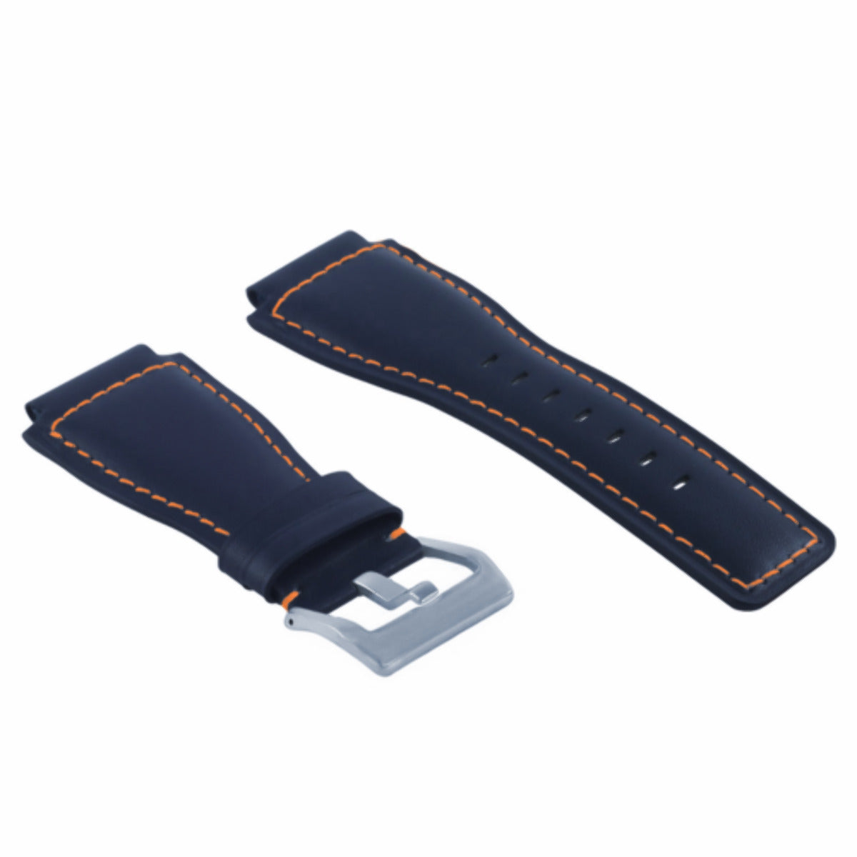 24MM SMOOTH LEATHER WATCH BAND STRAP FOR BELL ROSS BR-01-BR-03 SILVER BUCKLE, Blue with Orange Stitching, view 2