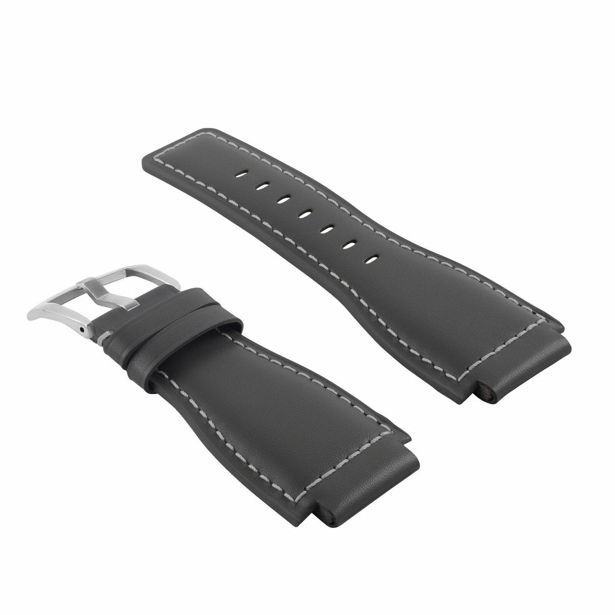 24MM SMOOTH LEATHER WATCH BAND STRAP FOR BELL ROSS BR-01-BR-03 SILVER BUCKLE, Gray with White Stitching, view 2