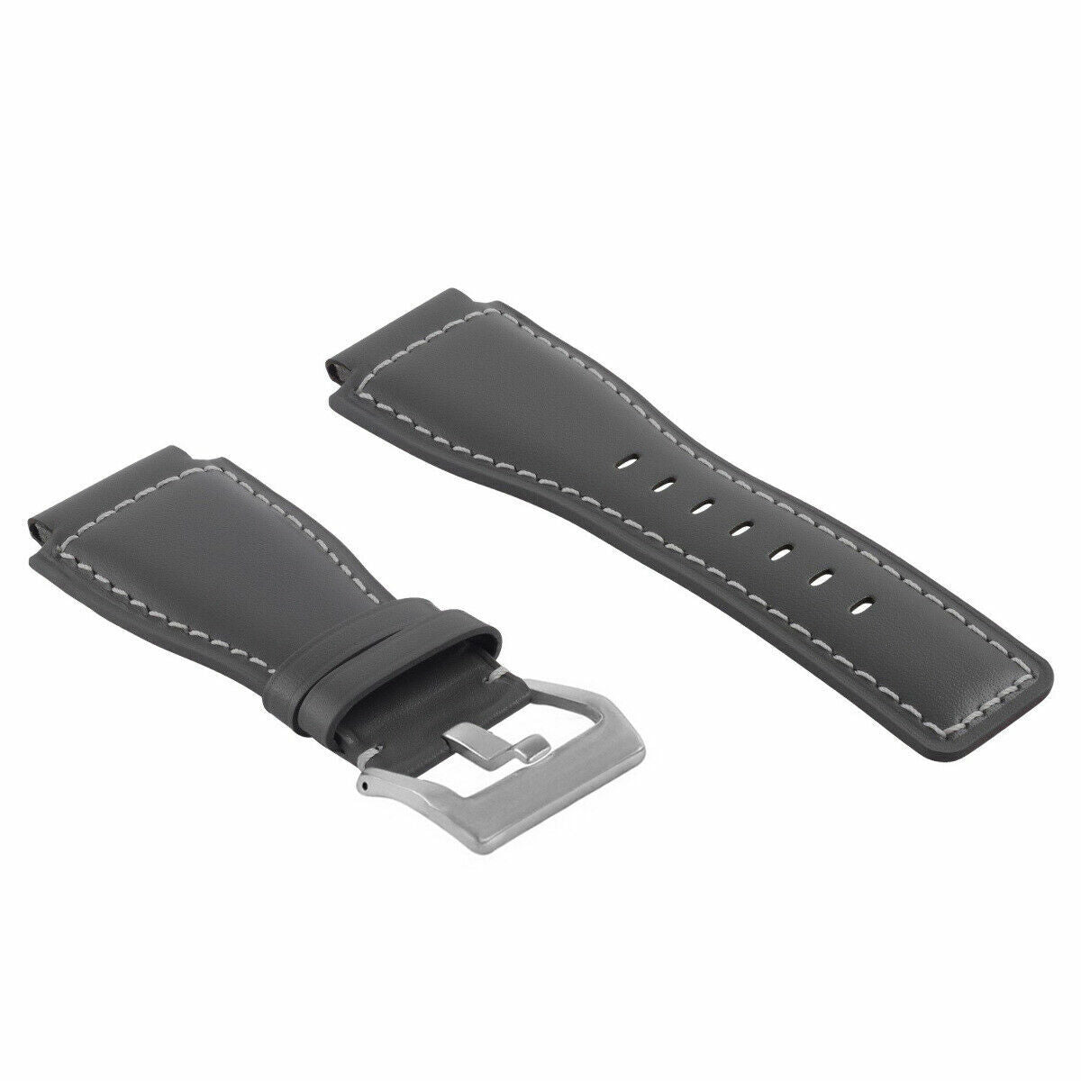 24MM SMOOTH LEATHER WATCH BAND STRAP FOR BELL ROSS BR-01-BR-03 SILVER BUCKLE, Gray with White Stitching, view 3