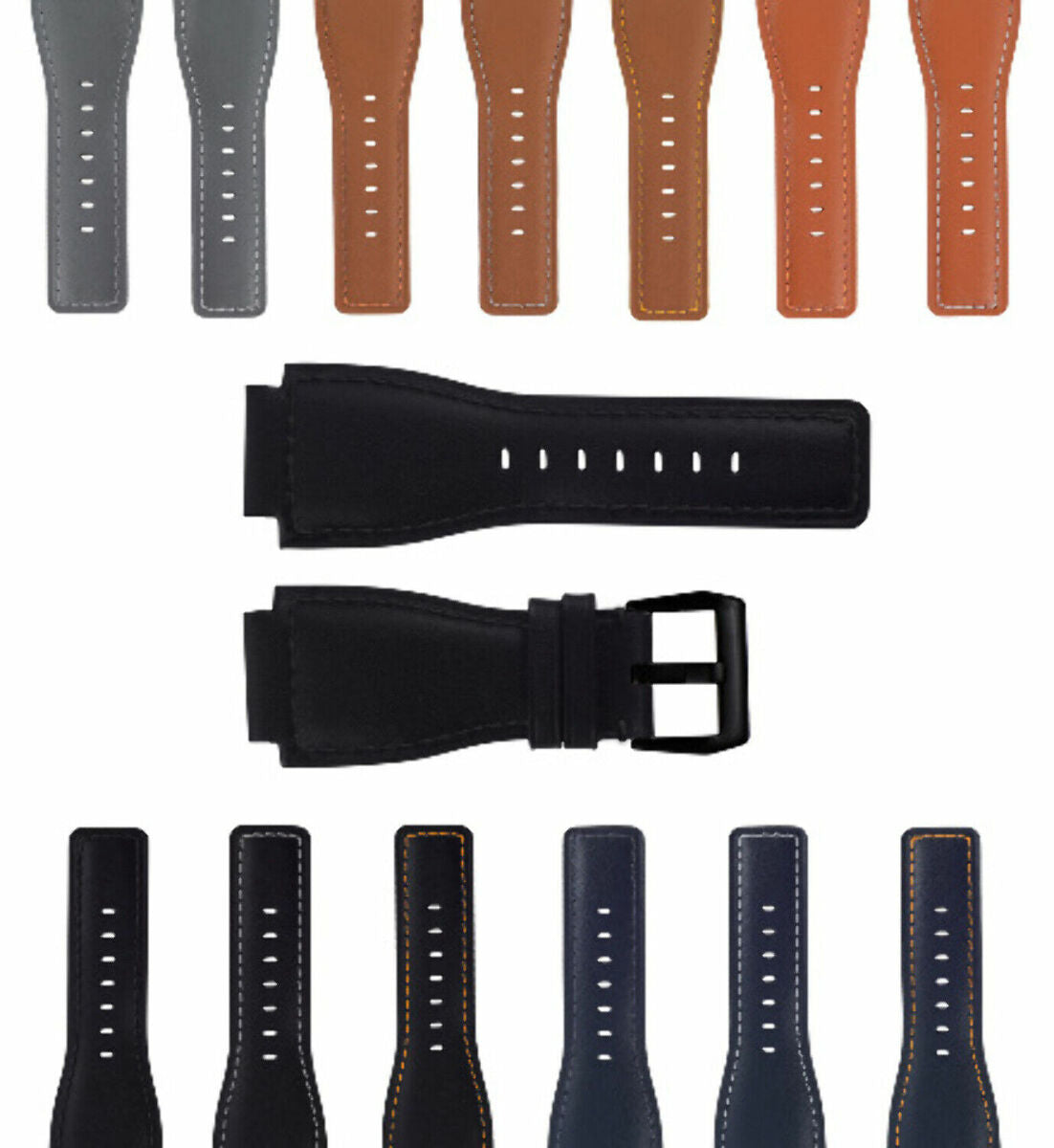 24MM SMOOTH LEATHER WATCH BAND STRAP FOR BELL ROSS BR-01-BR-03 BLACK BUCKLE