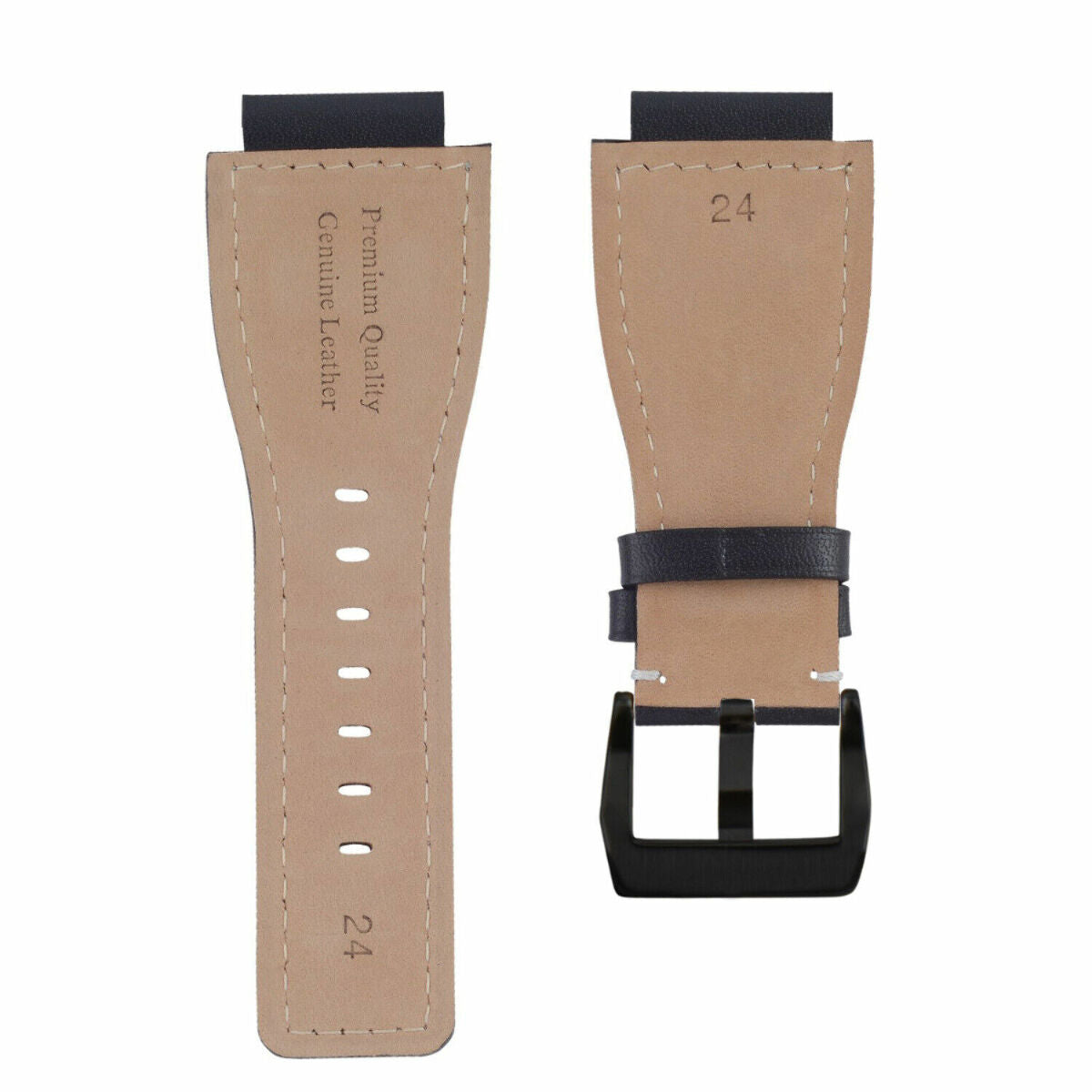 24MM SMOOTH LEATHER WATCH BAND STRAP FOR BELL ROSS BR-01-BR-03 BLACK BUCKLE