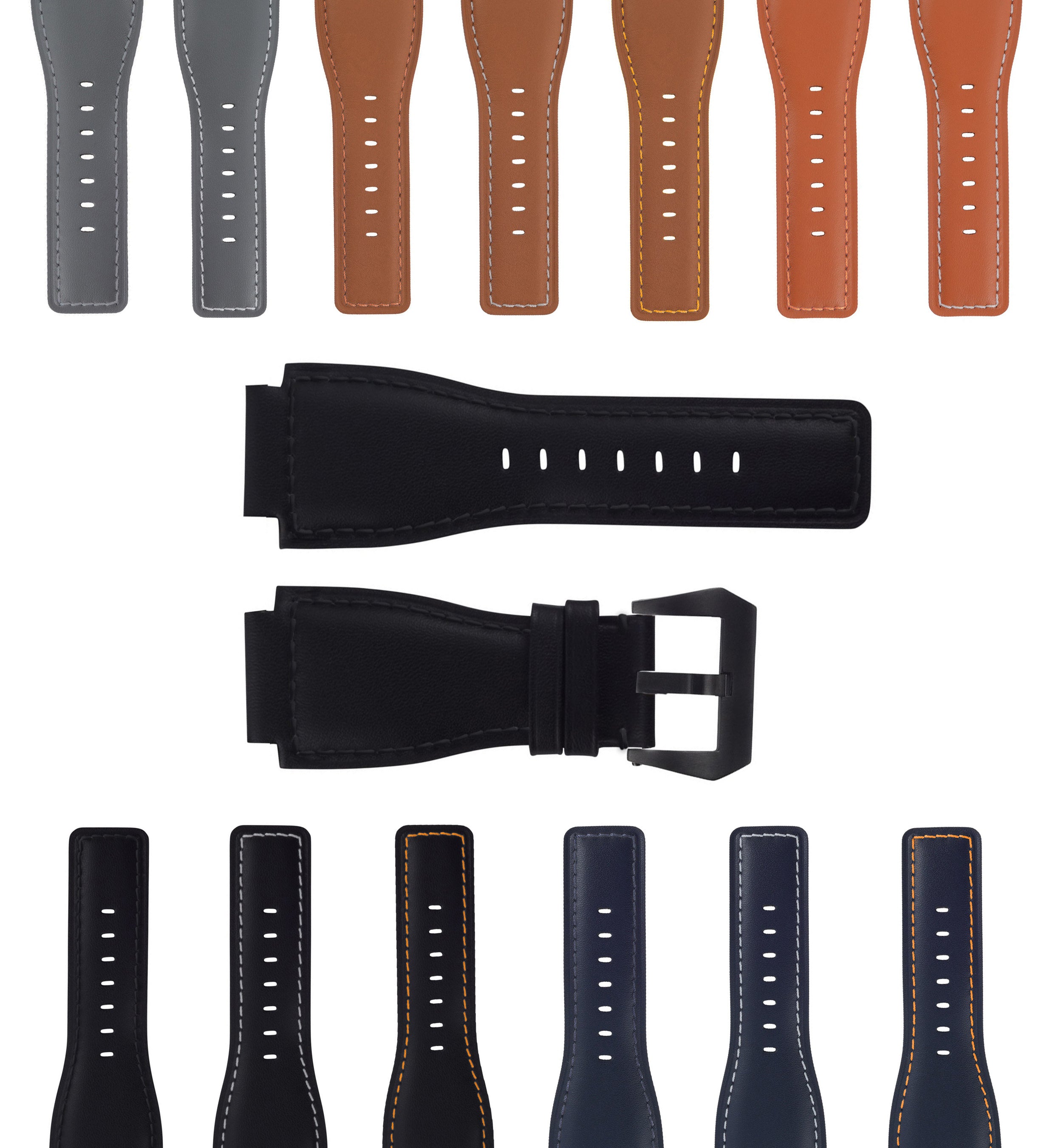 24MM SMOOTH LEATHER WATCH BAND STRAP FOR BELL ROSS BR-01-BR-03 BLACK BUCKLE