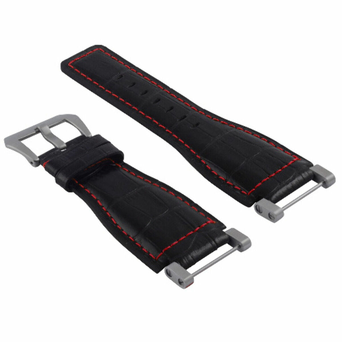 24MM GENUINE LEATHER WATCH BAND STRAP WITH STAINLESS STEEL ADAPTER FOR SUUNTO, Black with Red Stitching, view 2