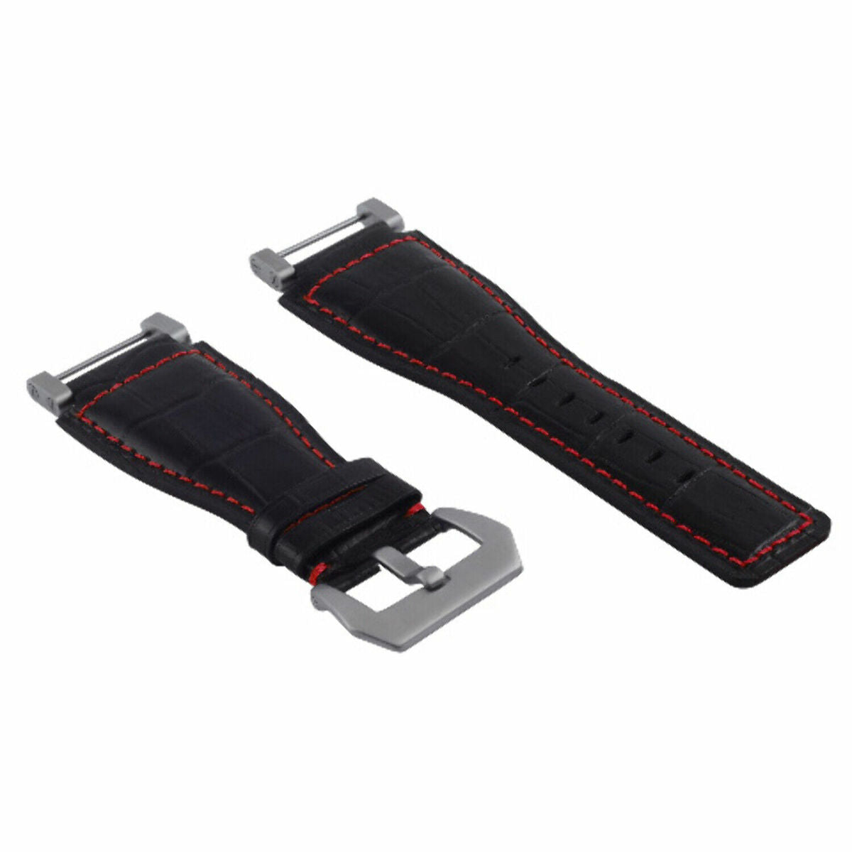 24MM GENUINE LEATHER WATCH BAND STRAP WITH STAINLESS STEEL ADAPTER FOR SUUNTO, Black with Red Stitching, view 3