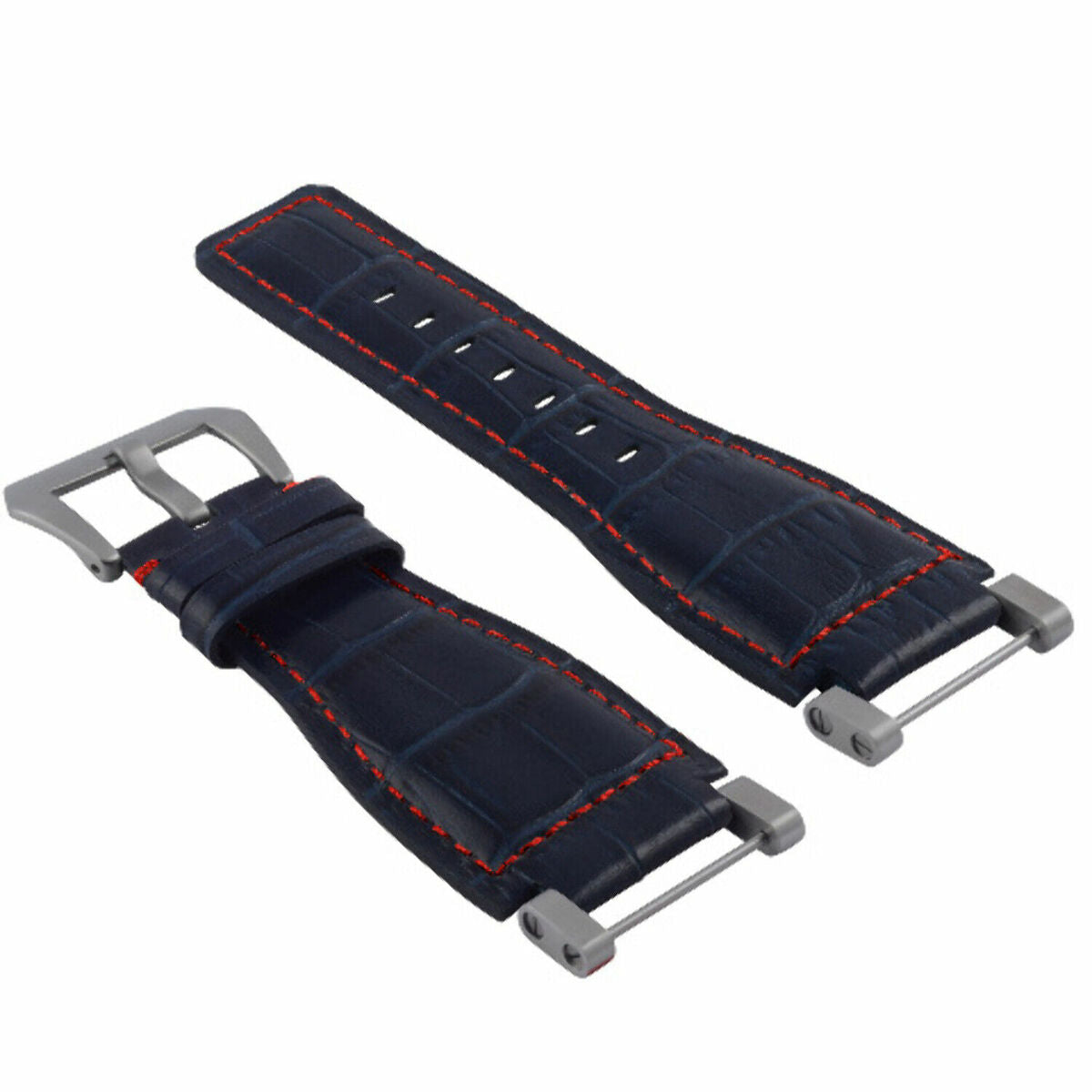 24MM GENUINE LEATHER WATCH BAND STRAP WITH STAINLESS STEEL ADAPTER FOR SUUNTO, Blue with Red Stitching, view 2