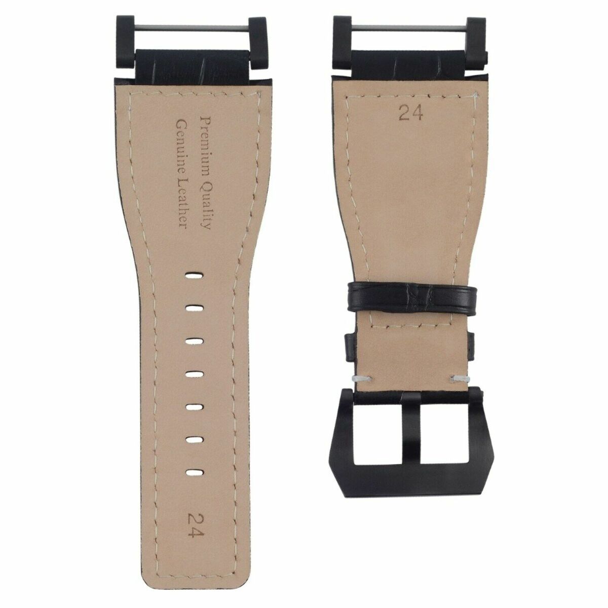 24MM REPLACEMENT LEATHER WATCH BAND STRAP WITH BLACK PVD ADAPTER FOR SUUNTO CORE, Black with White Stitching, view 4