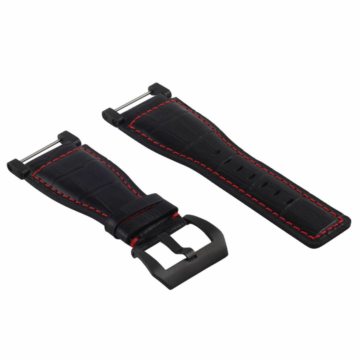 24MM REPLACEMENT LEATHER WATCH BAND STRAP WITH BLACK PVD ADAPTER FOR SUUNTO CORE, Black with Red Stitching, view 3