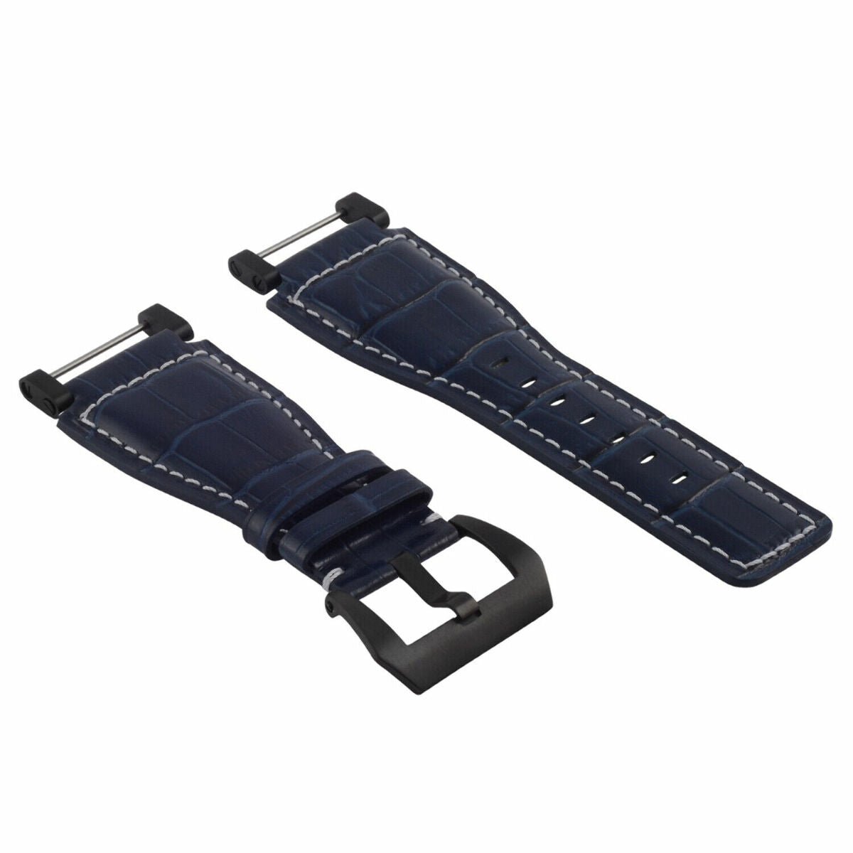 24MM REPLACEMENT LEATHER WATCH BAND STRAP WITH BLACK PVD ADAPTER FOR SUUNTO CORE, Blue with White Stitching, view 3