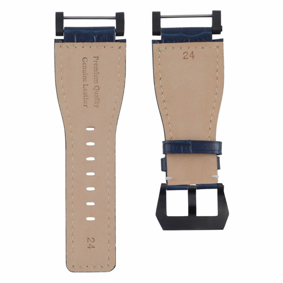 24MM REPLACEMENT LEATHER WATCH BAND STRAP WITH BLACK PVD ADAPTER FOR SUUNTO CORE, Blue with White Stitching, view 4