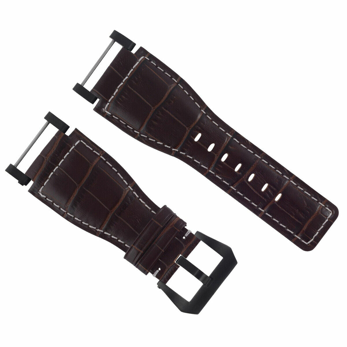24MM REPLACEMENT LEATHER WATCH BAND STRAP WITH BLACK PVD ADAPTER FOR SUUNTO CORE, Brown with White Stitching