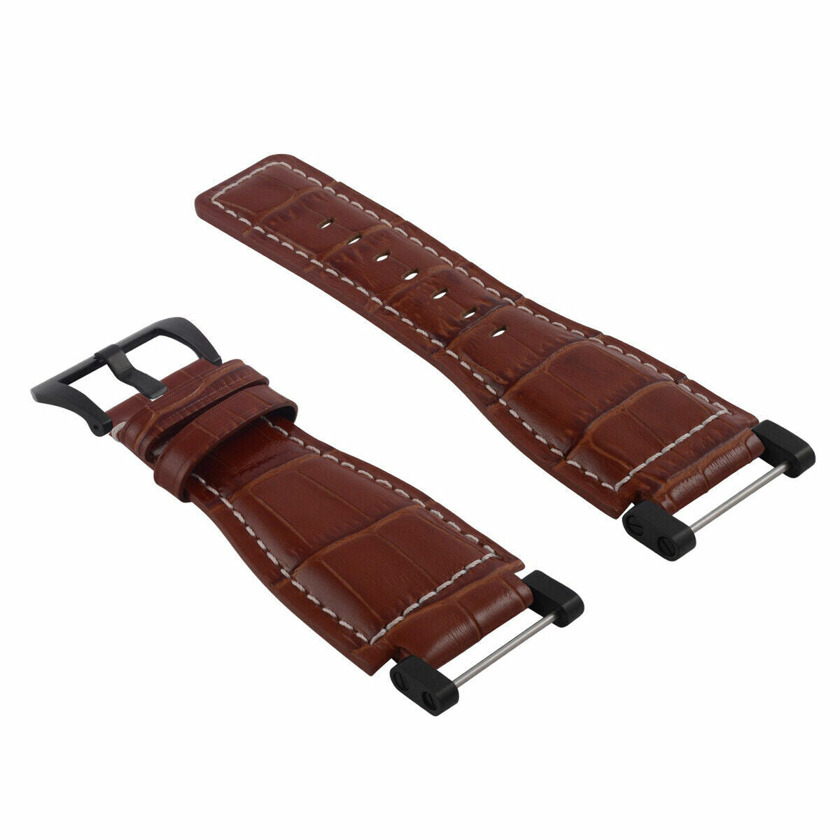 24MM REPLACEMENT LEATHER WATCH BAND STRAP WITH BLACK PVD ADAPTER FOR SUUNTO CORE, Tan with White Stitching, view 2