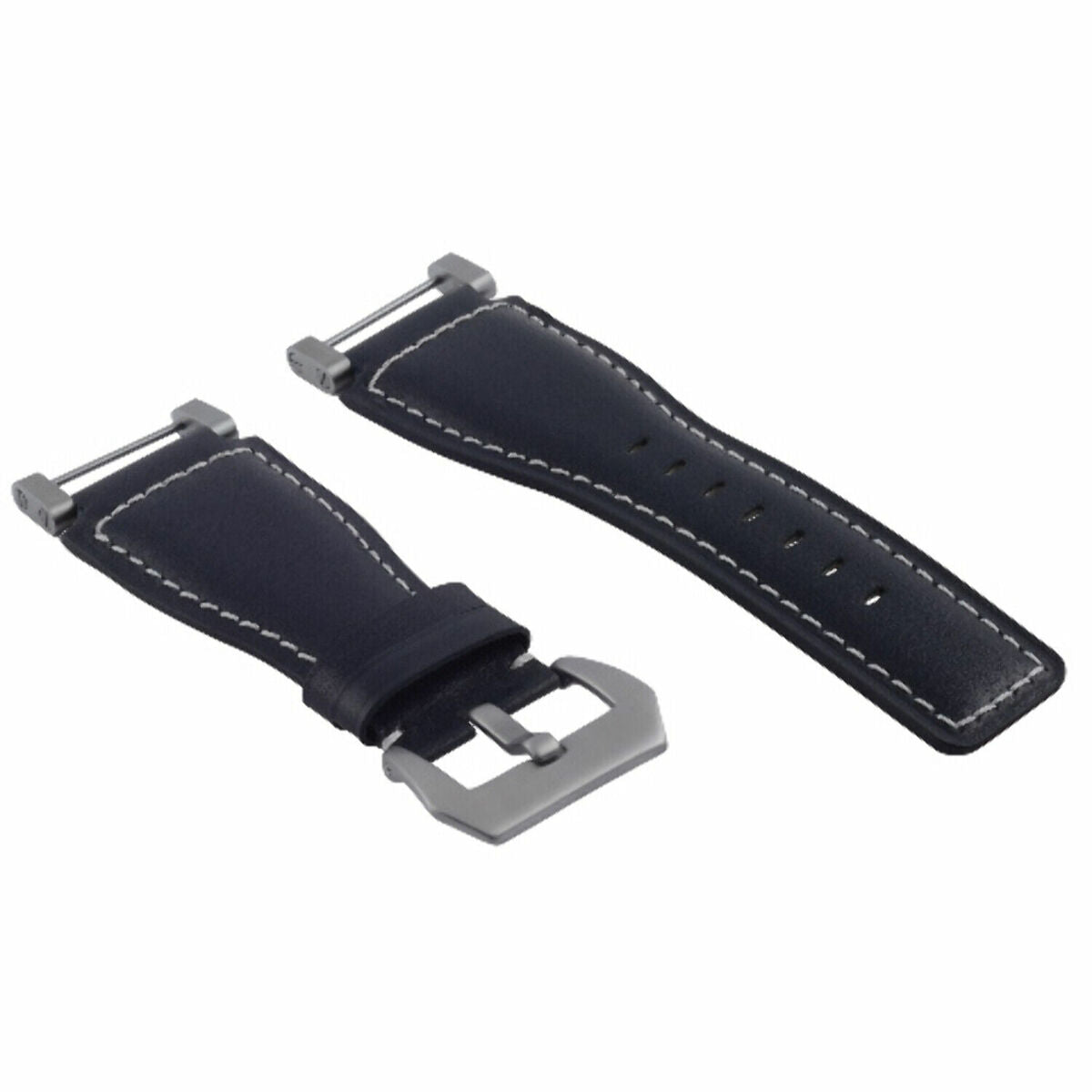 24MM LEATHER WATCH BAND STRAP SMOOTH WITH STAINLESS ADAPTER FOR SUUNTO CORE, Blue with White Stitching