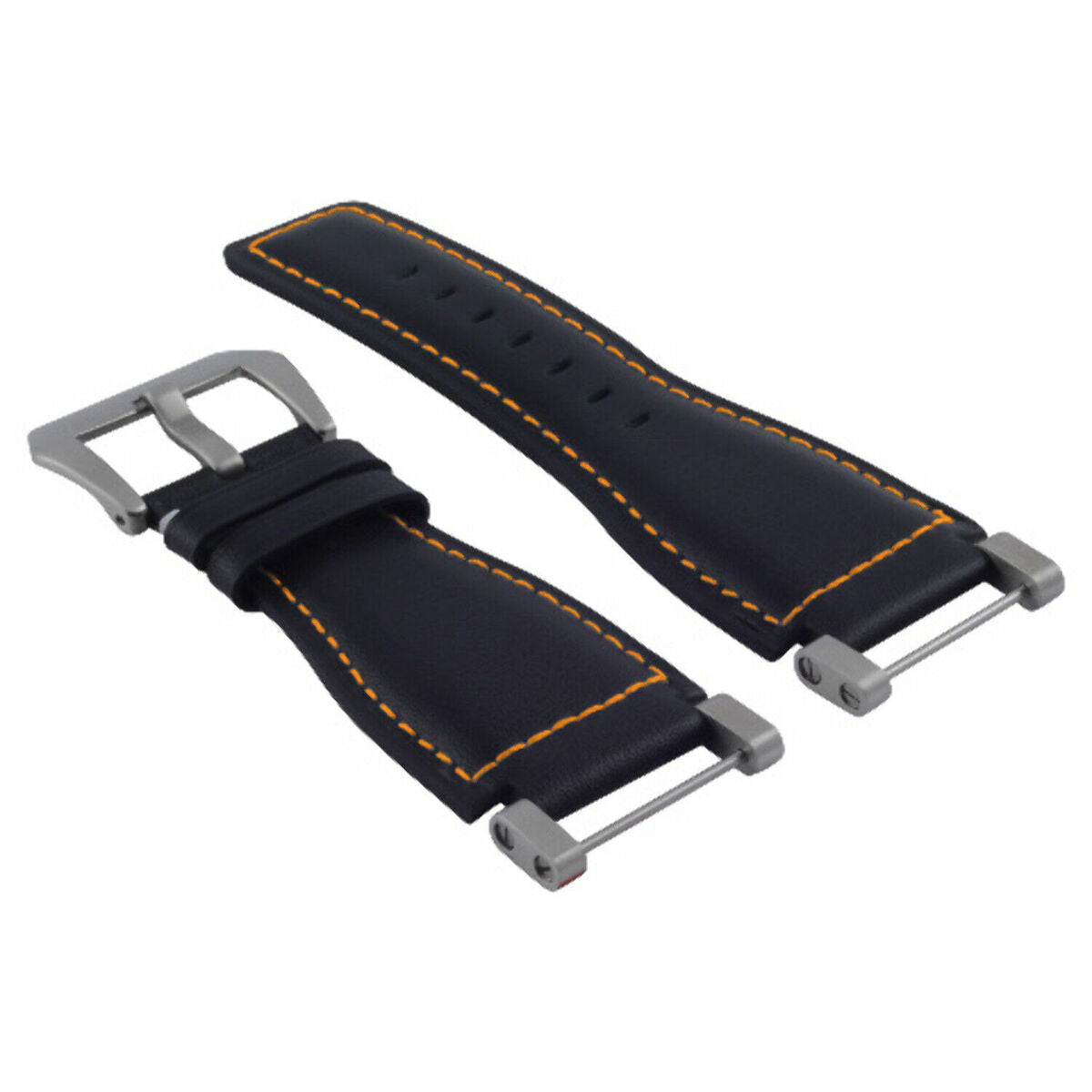 24MM LEATHER WATCH BAND STRAP SMOOTH WITH STAINLESS ADAPTER FOR SUUNTO CORE, Black with Orange Stitching, view 3