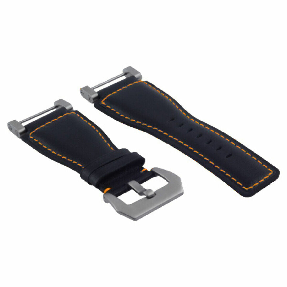 24MM LEATHER WATCH BAND STRAP SMOOTH WITH STAINLESS ADAPTER FOR SUUNTO CORE, Black with Orange Stitching