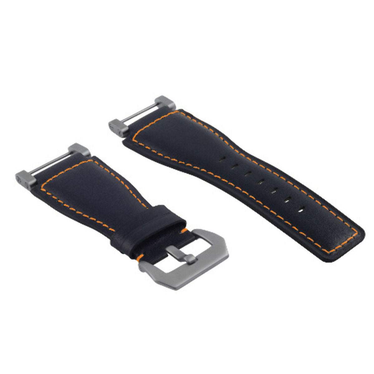 24MM LEATHER WATCH BAND STRAP SMOOTH WITH STAINLESS ADAPTER FOR SUUNTO CORE, Blue with Orange Stitching, view 2