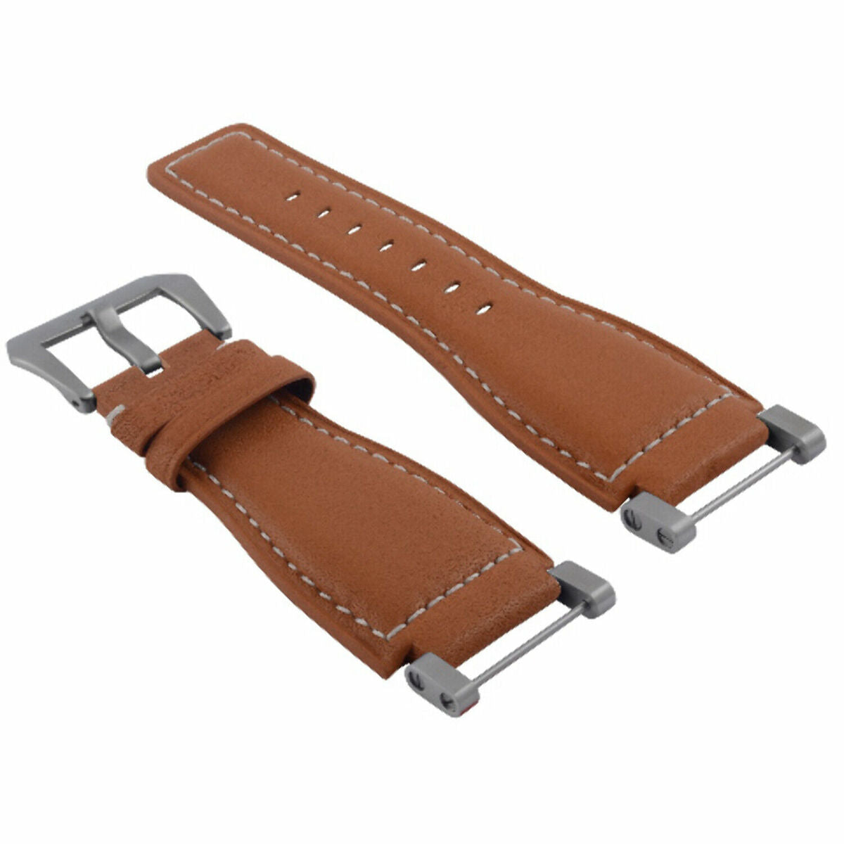 24MM LEATHER WATCH BAND STRAP SMOOTH WITH STAINLESS ADAPTER FOR SUUNTO CORE, Tan with White Stitching, view 3