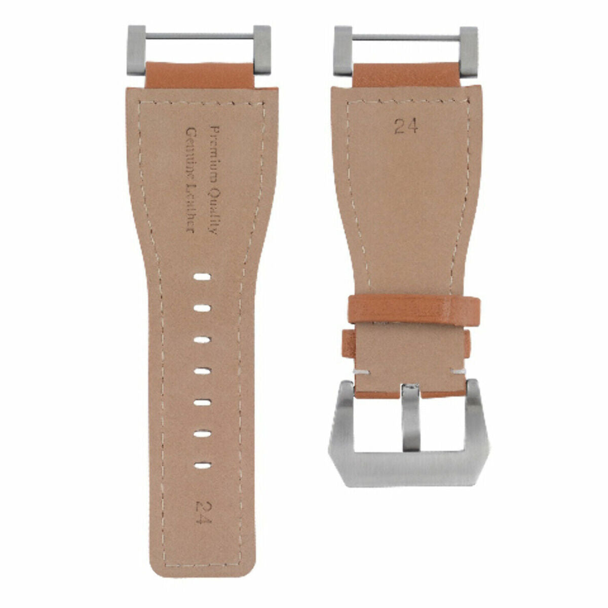 24MM LEATHER WATCH BAND STRAP SMOOTH WITH STAINLESS ADAPTER FOR SUUNTO CORE, Tan with White Stitching, front view