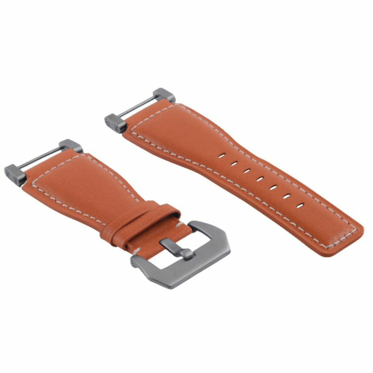 24MM LEATHER WATCH BAND STRAP SMOOTH WITH STAINLESS ADAPTER FOR SUUNTO CORE, Orange with White Stitching