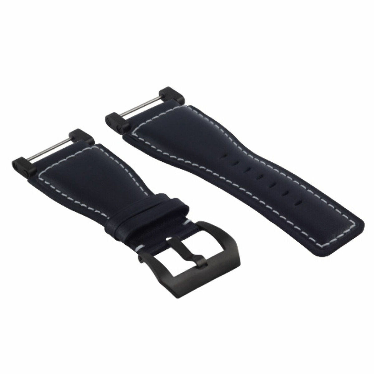 24MM GENUINE LEATHER WATCH BAND STRAP SMOOTH WITH BLACK ADAPTER FOR SUUNTO CORE, Black with White Stitching