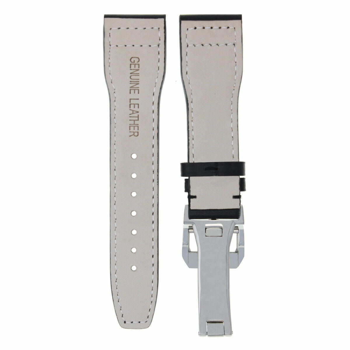 20-21-22-23MM LEATHER WATCH BAND STRAP FOR IWC PILOT PORTUGUESE TOP GUN + CLASP, Black with White Stitching, underside view
