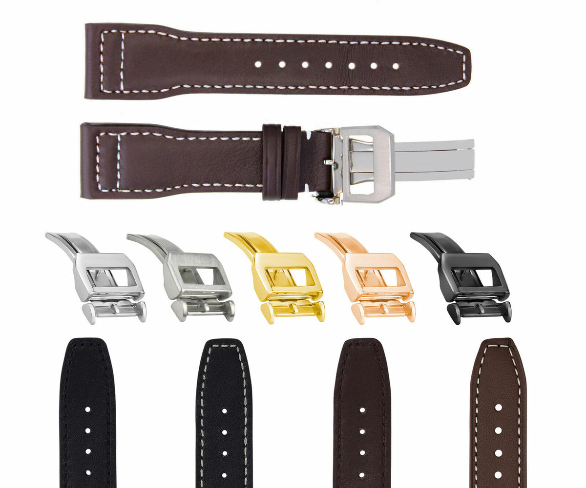 20-21-22-23MM LEATHER WATCH BAND STRAP FOR IWC PILOT PORTUGUESE TOP GUN + CLASP, Brown with White Stitching