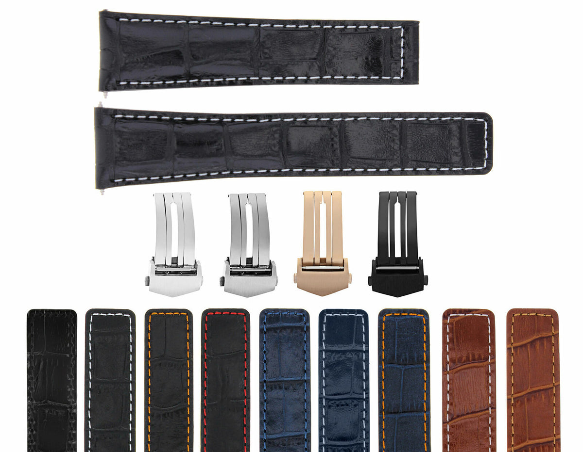 19/16MM-20/16MM LEATHER STRAP BAND FOR TAG HEUER MONZA WR2110 FIT FC5012 -FC5013, Black with White Stitching