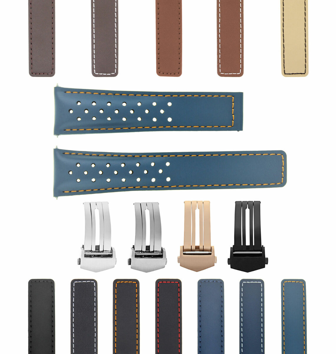 20MM LUG WITH 16MM BUCKLE WIDTH LEATHER WATCH BAND STRAP DEPLOYMENT CLASP, Blue with Orange Stitching