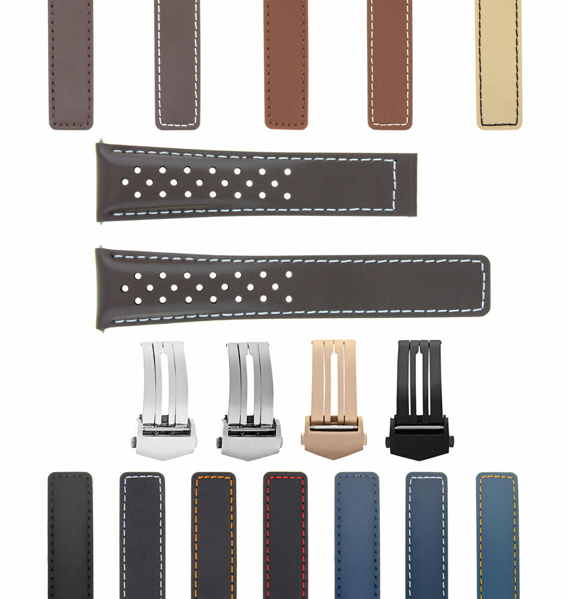 20MM LUG WITH 16MM BUCKLE WIDTH LEATHER WATCH BAND STRAP DEPLOYMENT CLASP, Brown with White Stitching