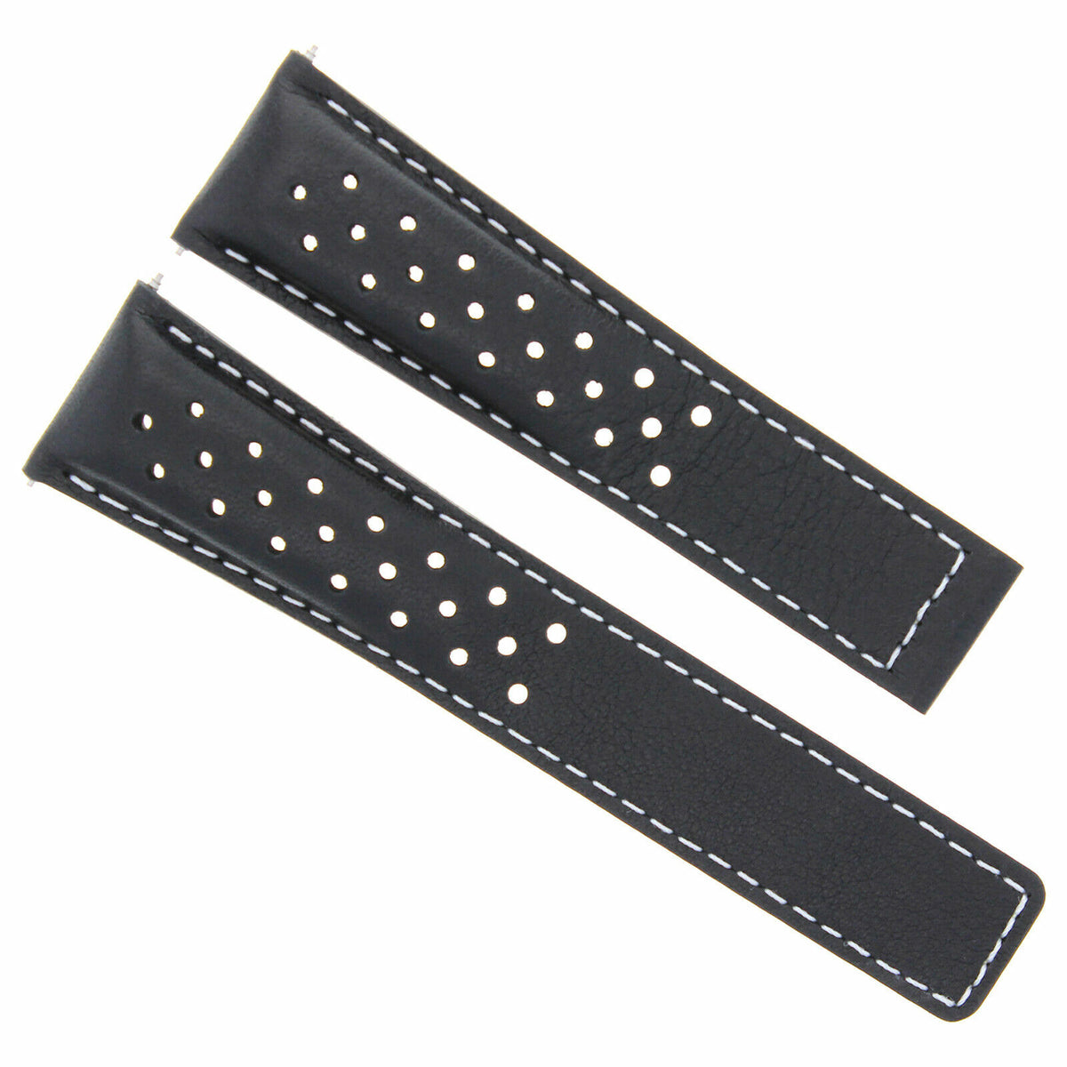 20-22MM LEATHER STRAP BAND UNIVERSAL TWO-PIECE ITALY CALF LEATHER WATCH STRAP, Black with White Stitching, view 2