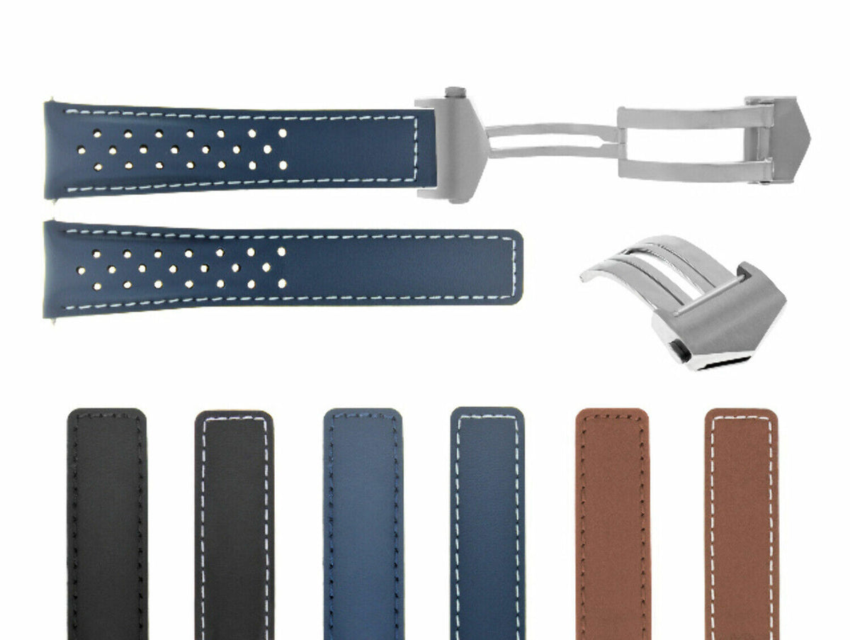 20-22MM LEATHER STRAP BAND FOR TAG HEUER CARRERA CV2010 PERFORAT CLASP FC5037,40, Blue with White Stitching