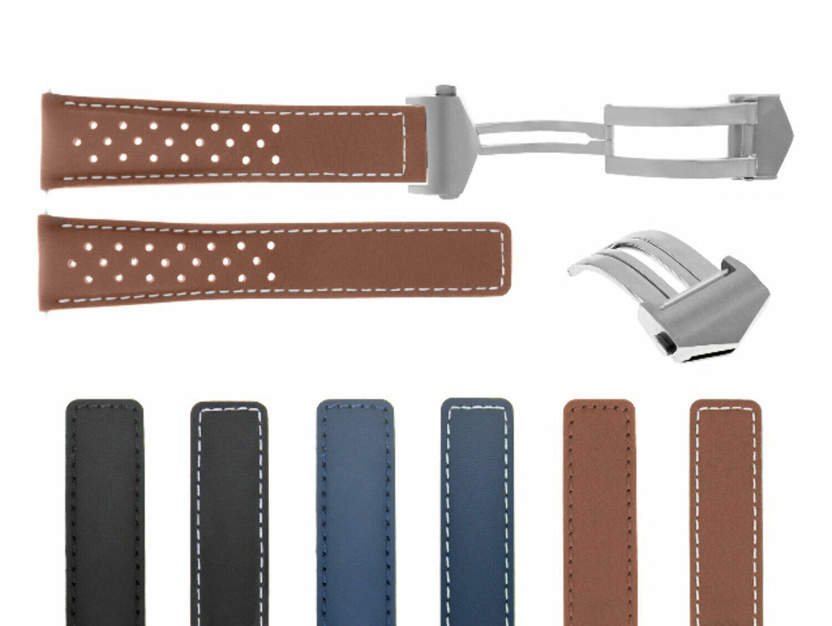20-22MM LEATHER STRAP BAND FOR TAG HEUER CARRERA CV2010 PERFORAT CLASP FC5037,40, Tan with White Stitching