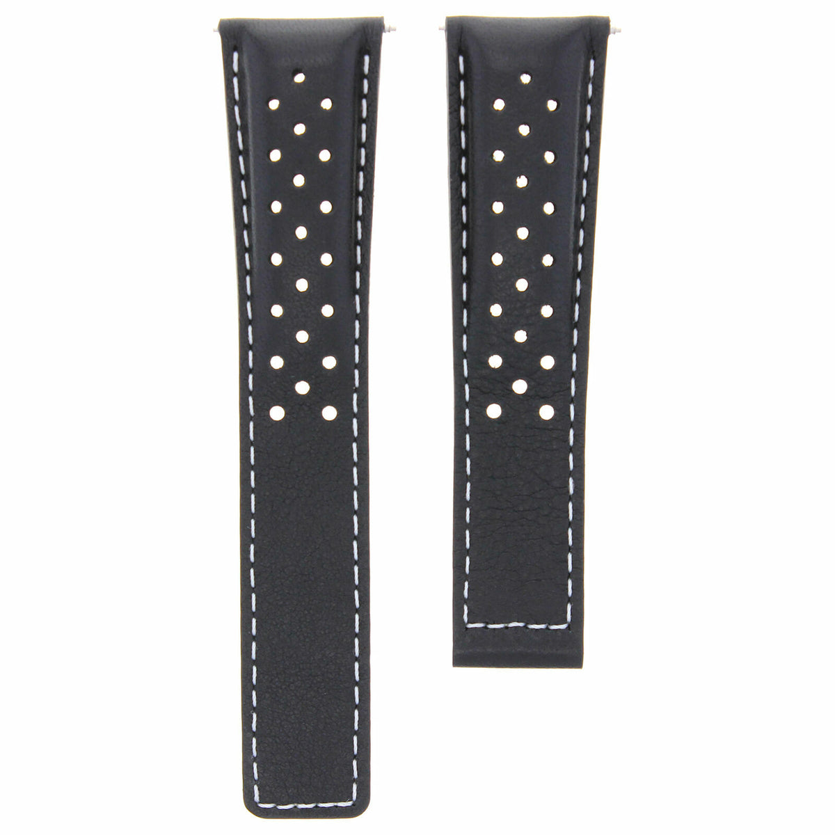 19-20MM LEATHER WATCH BAND STRAP UNIVERSAL MATTE DEPLOYMENT CLASP TWO-PIECE, Black with White Stitching, view 2