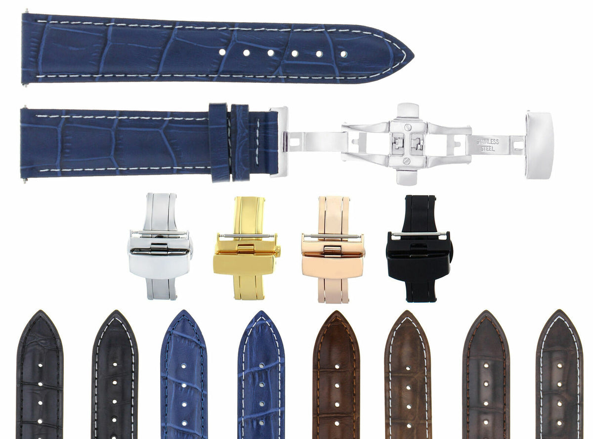 19/16MM-20/16MM LEATHER WATCH BAND STRAP FOR ROLEX WATCH + BUTTERFLY CLASP, Blue with White Stitching