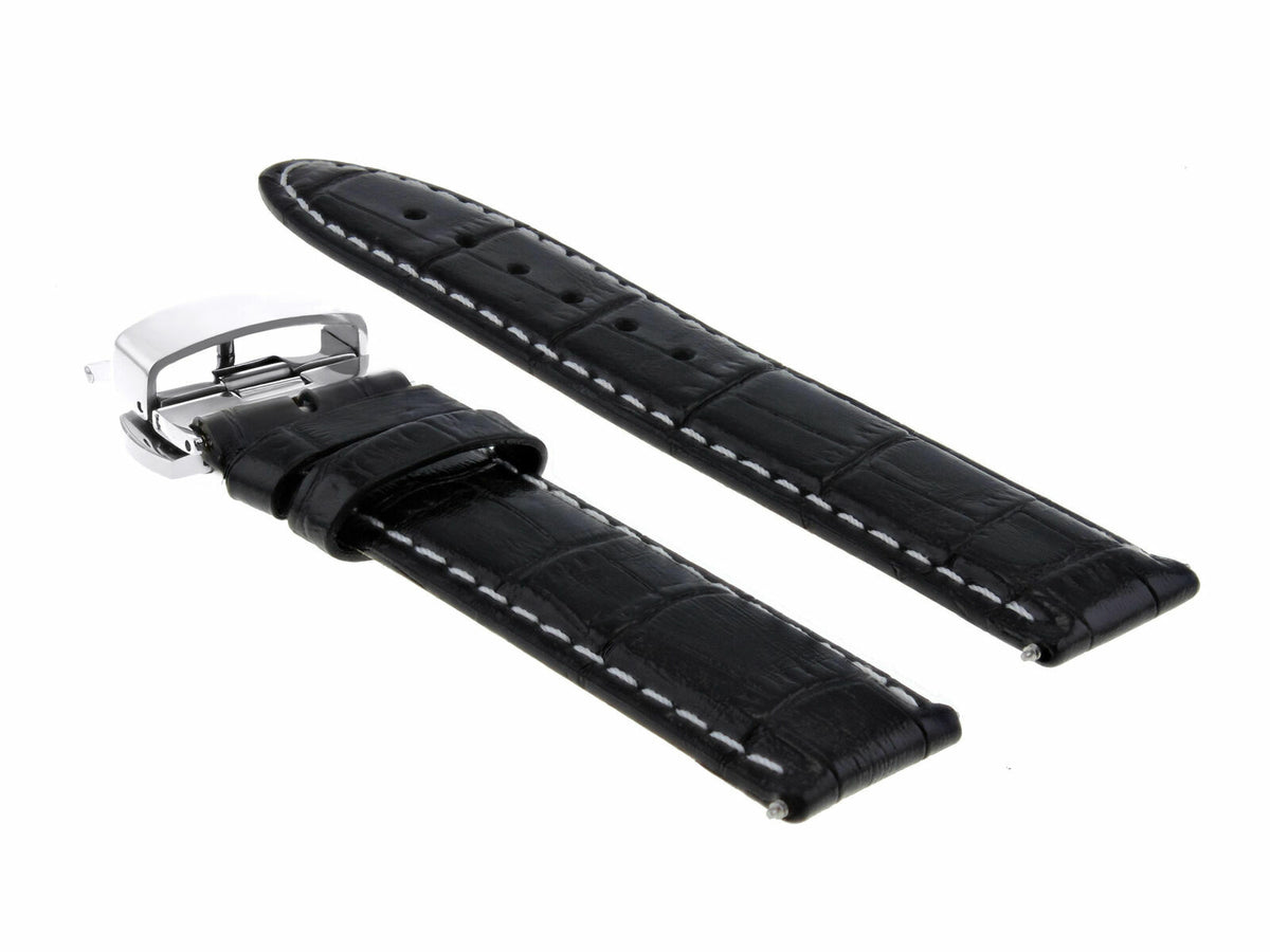 18-19-20-22-24MM LEATHER WATCH BAND STRAP FOR CITIZEN ECO DRIVE DEPLOYMENT CLASP, Black with White Stitching, view 4