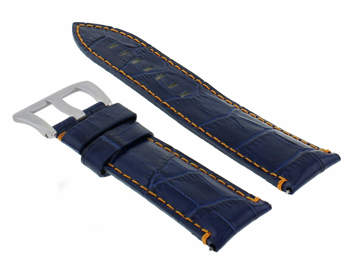 22MM 24MM REPLACEMENT LEATHER WATCH BAND STRAP FOR MONTBLANC TIMEWALKER CHRONO, Blue with Orange Stitching, view 4