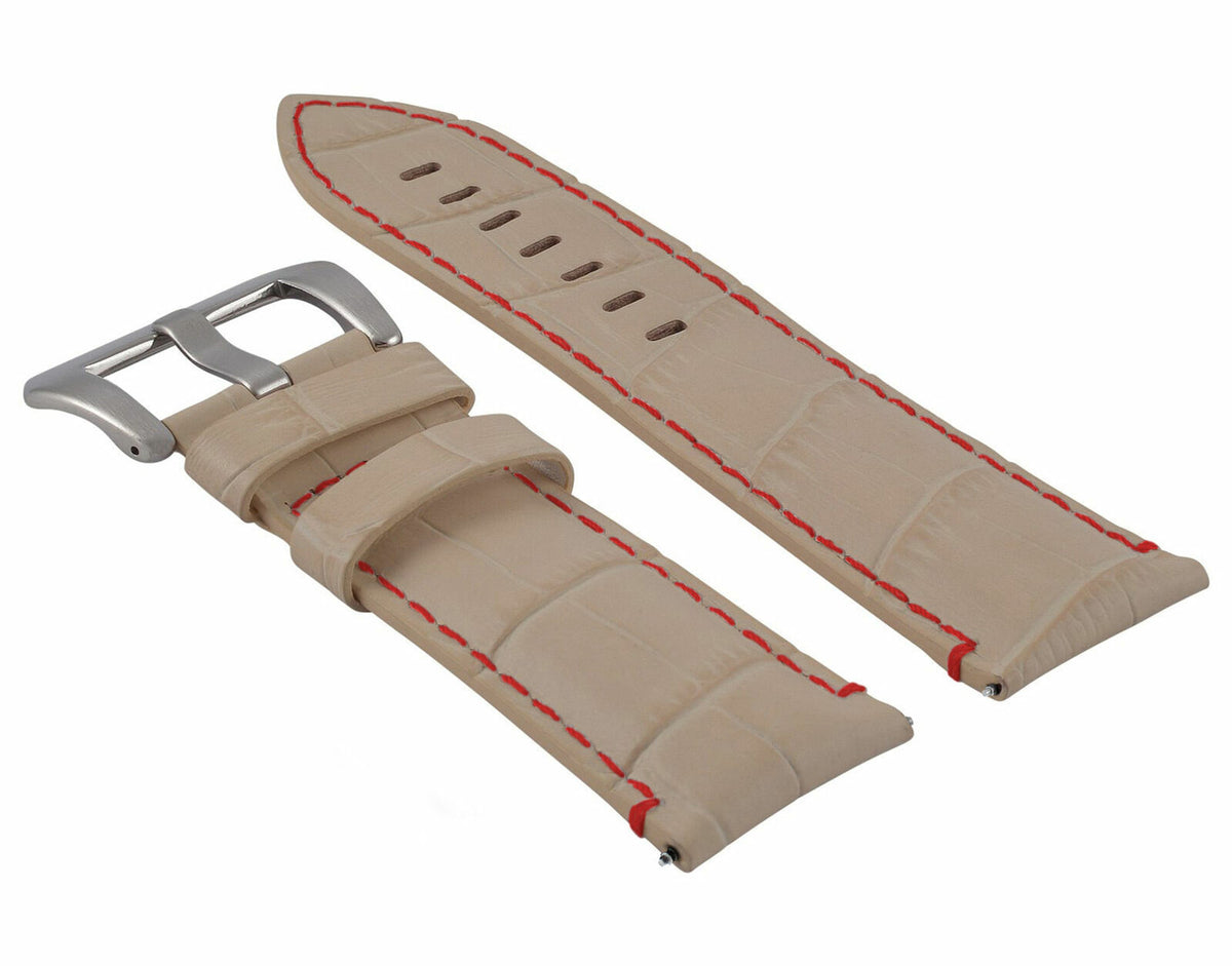 22MM 24MM REPLACEMENT LEATHER WATCH BAND STRAP FOR MONTBLANC TIMEWALKER CHRONO, Beige with Red Stitching, view 3
